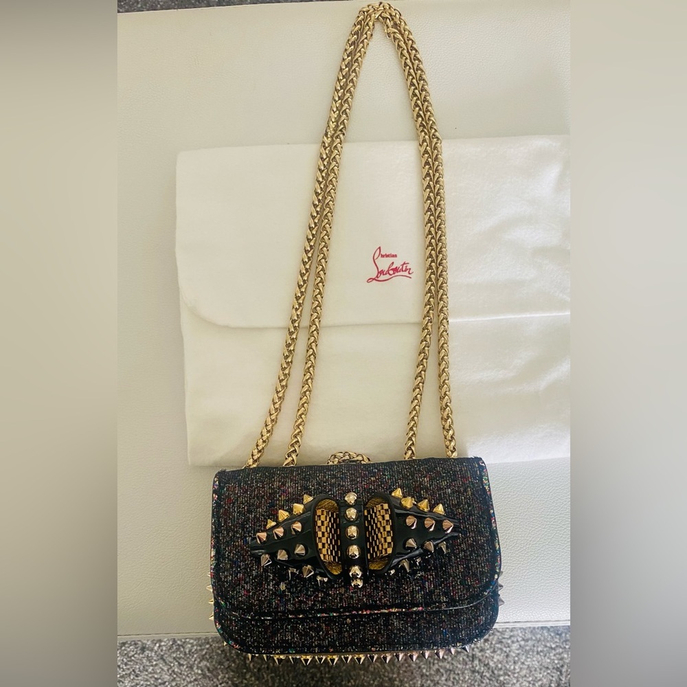 Christian Louboutin Multicolor Tweed Spike-Embellished Crossbody with Gold Chain - Picture 1 of 5
